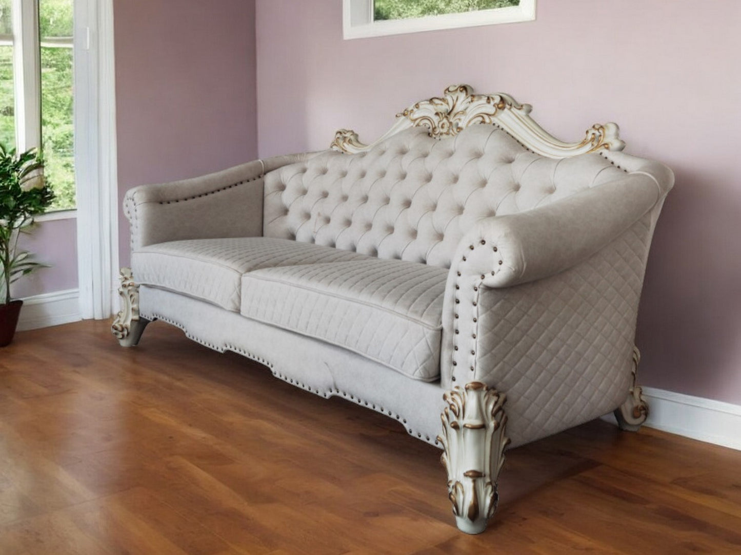 89" Ivory Velvet Sofa And Toss Pillows With Pearl Legs-0
