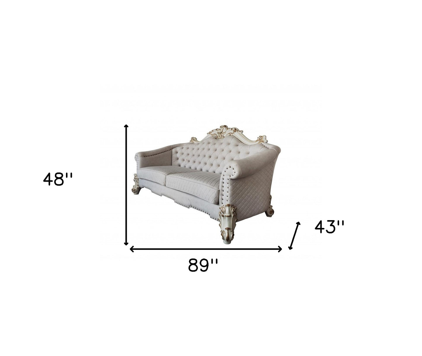 89" Ivory Velvet Sofa And Toss Pillows With Pearl Legs-4