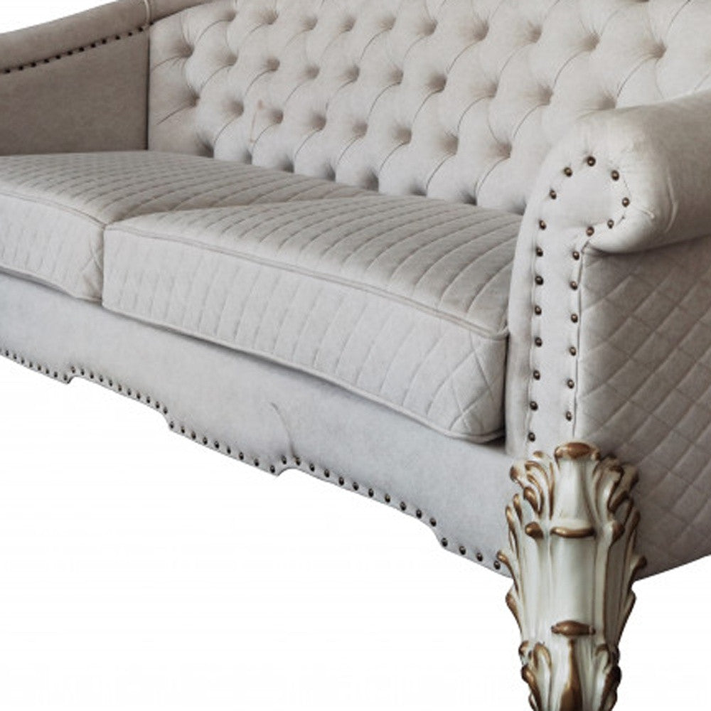 89" Ivory Velvet Sofa And Toss Pillows With Pearl Legs-2