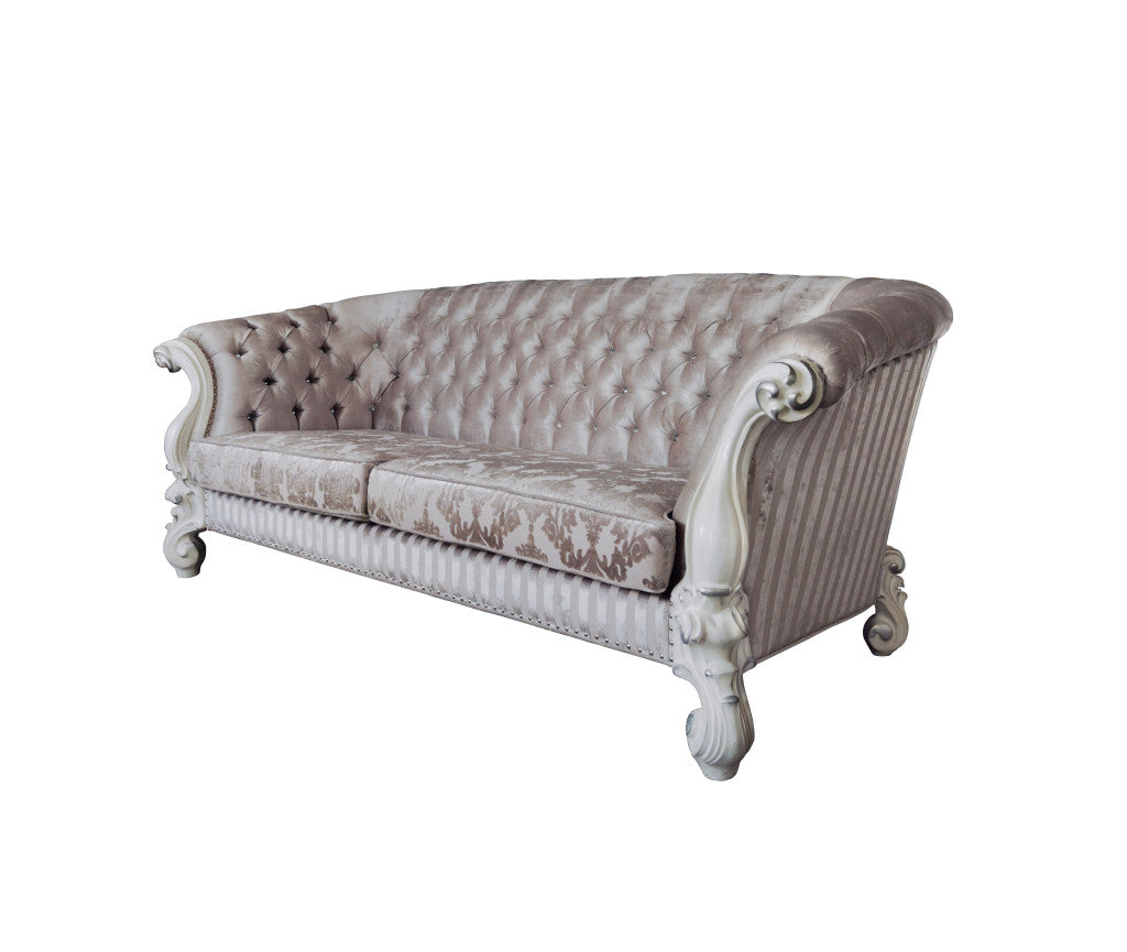 99" Ivory Velvet Damask Sofa And Toss Pillows With Bone Legs-1