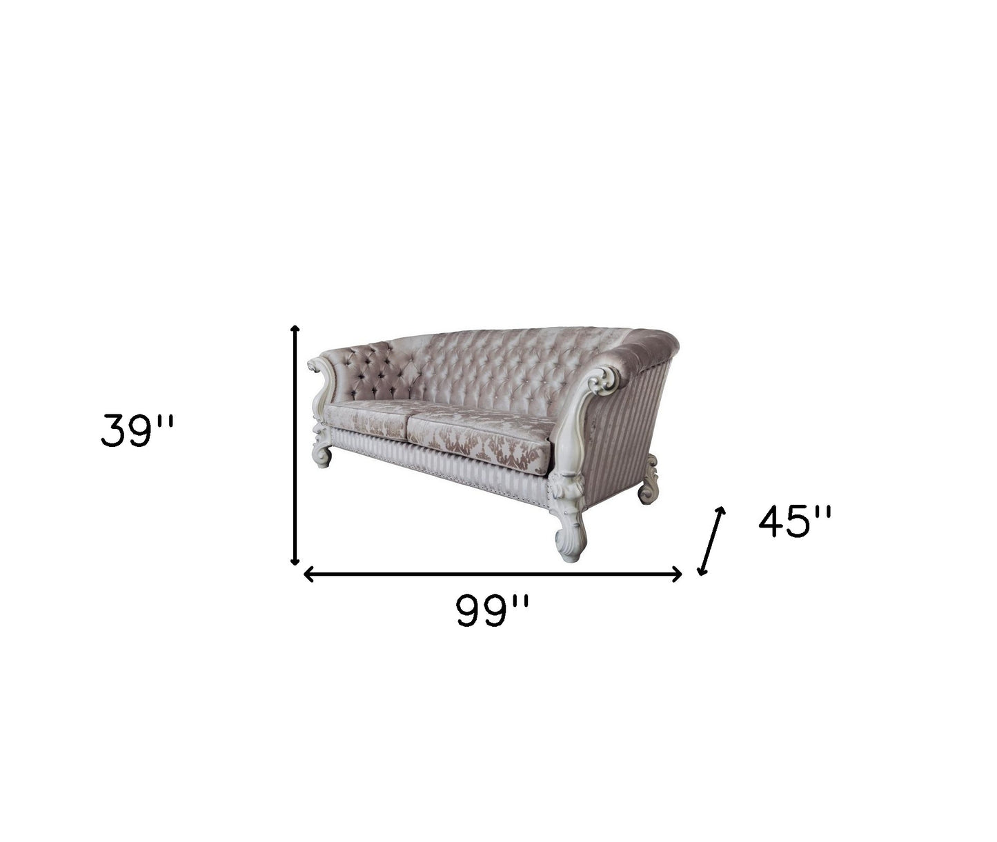 99" Ivory Velvet Damask Sofa And Toss Pillows With Bone Legs-4