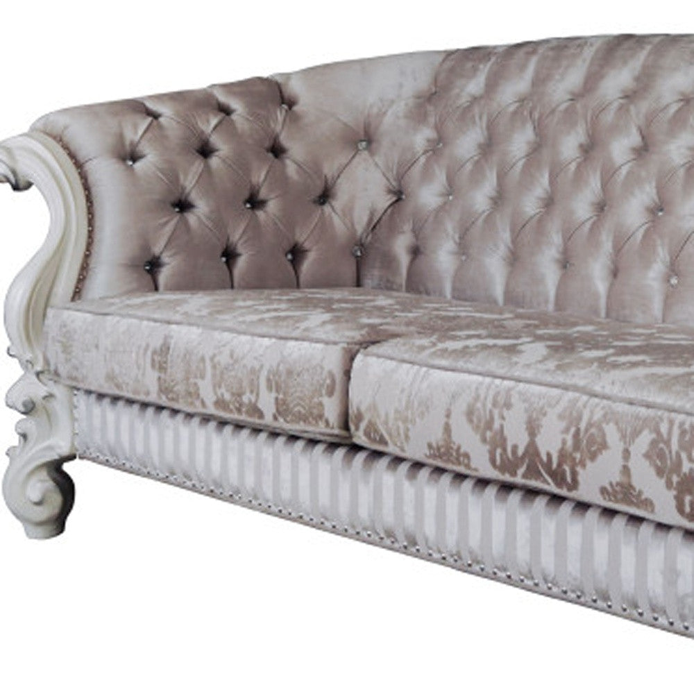 99" Ivory Velvet Damask Sofa And Toss Pillows With Bone Legs-2