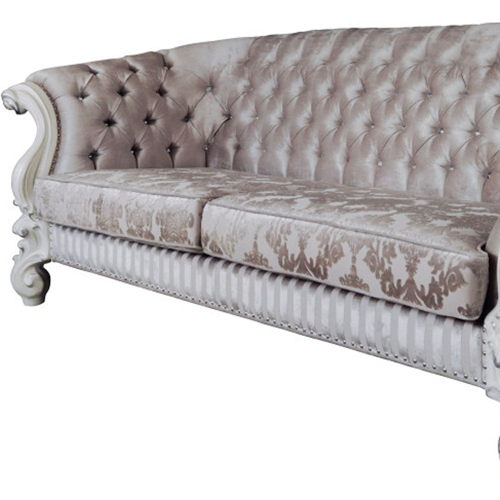 99" Ivory Velvet Damask Sofa And Toss Pillows With Bone Legs-3