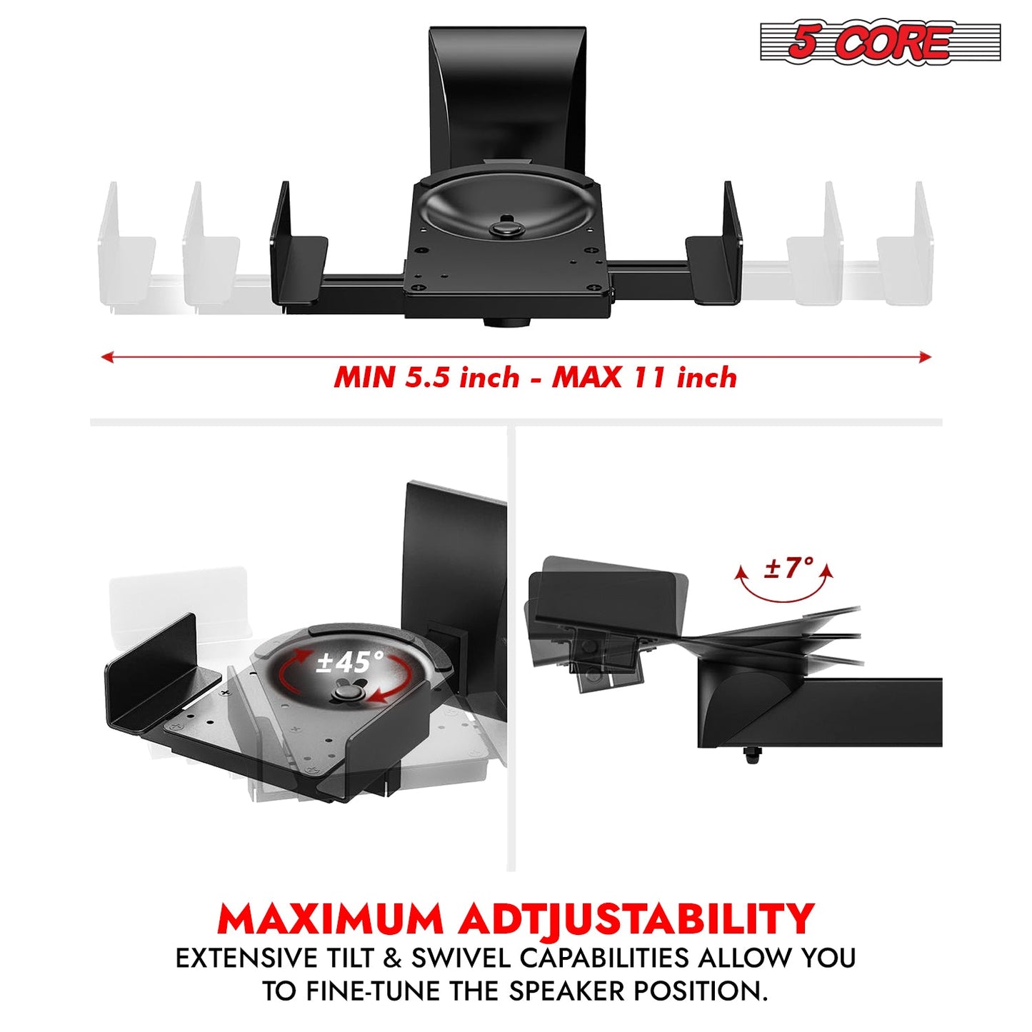 5Core Speaker Wall Mount Adjustable Swivel 11 Inch Space Bookshelf Brackets Pair-4