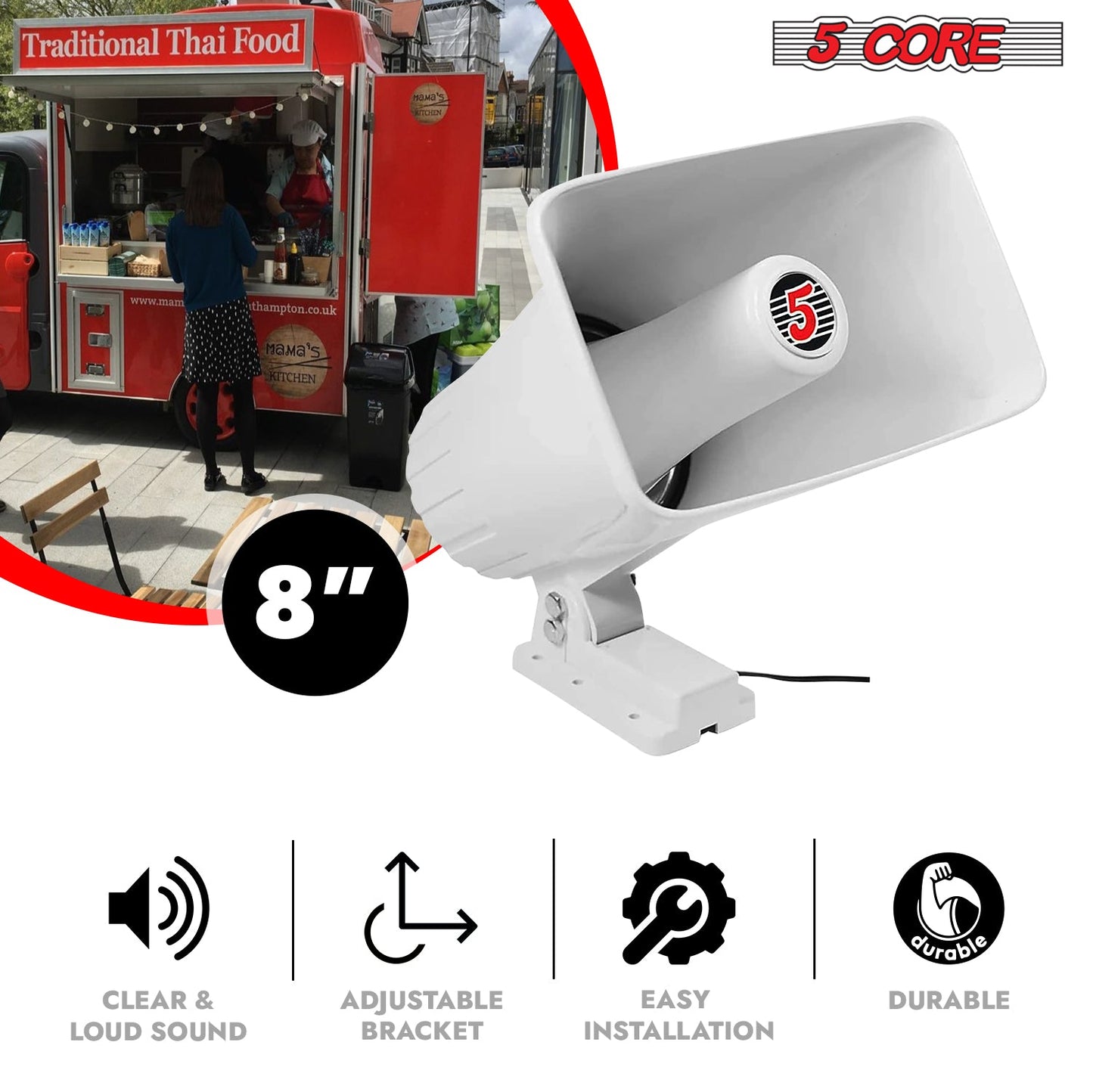 5 Core PA Speaker 5 x 8" 65W Bull Horn Loud Audio Outdoor Speakers System 8Ohm Reflex Megaphone-4