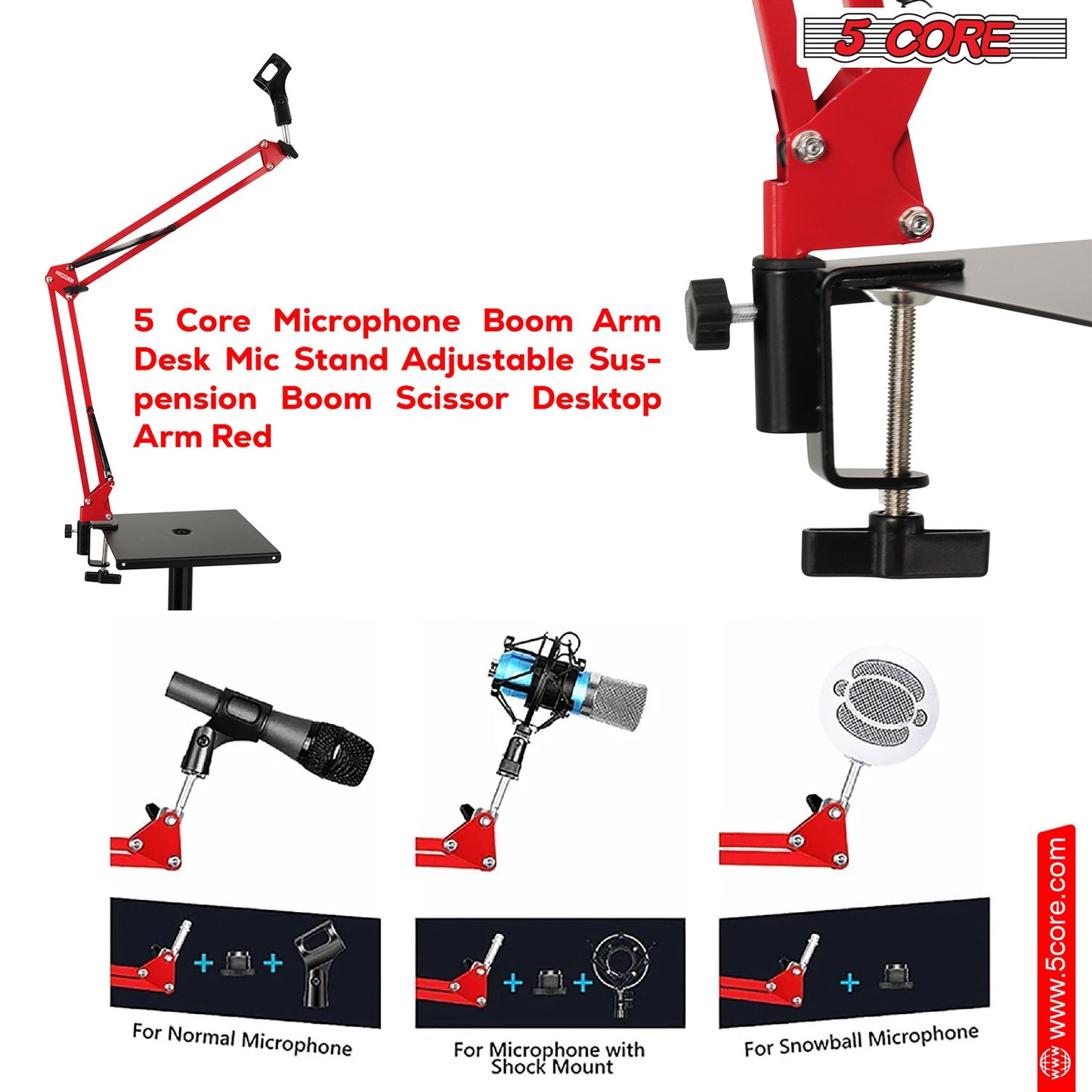 5Core Microphone Boom Arm Desk Mic Stand Adjustable Clamp Suspension Boom Stands RED-4