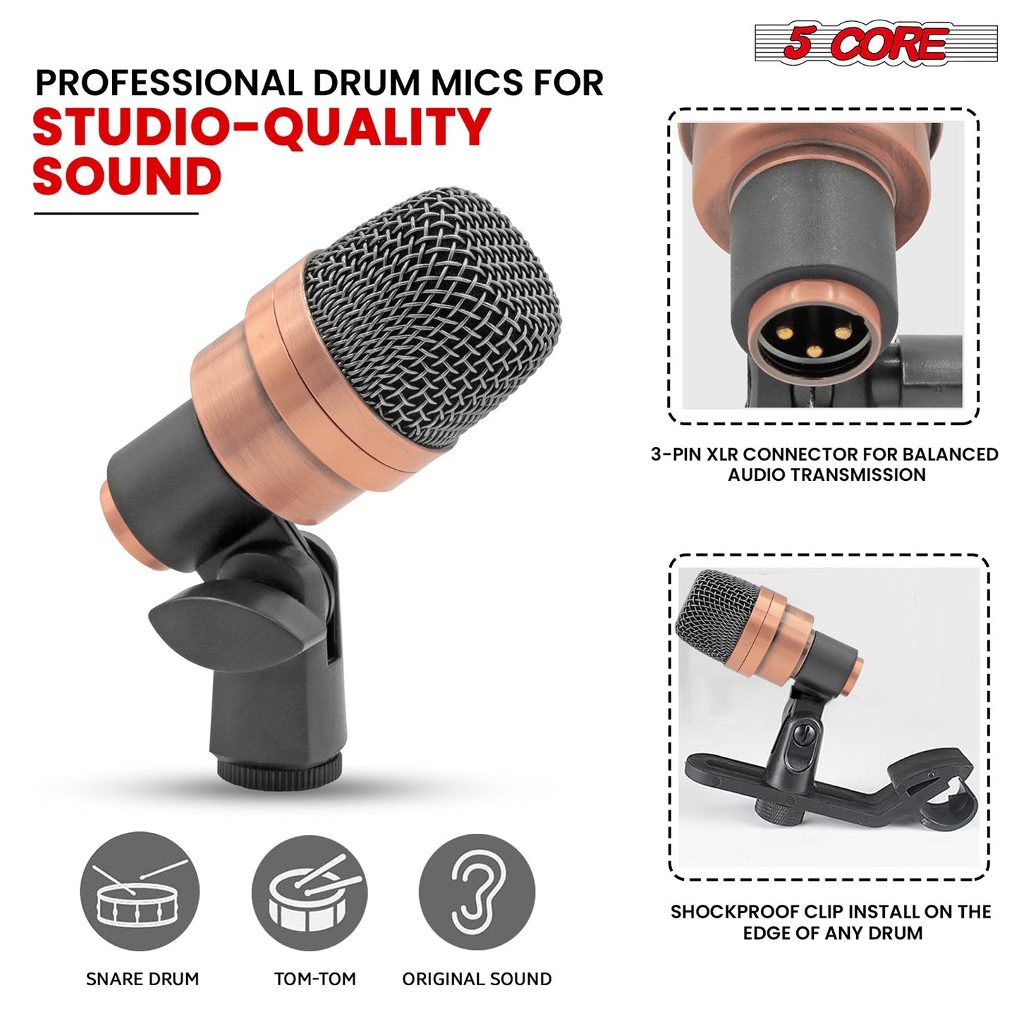 5Core Drum Mic Kit 7 Pcs Kick Bass Tom Snare Dynamic Microphone Instrument Mics Set COPPEREX-3