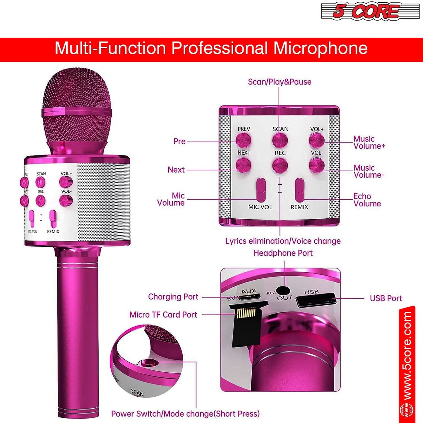 5Core Wireless Karaoke Microphone Bluetooth Mic Portable Handheld Microfonos Inalambricos PINK-2