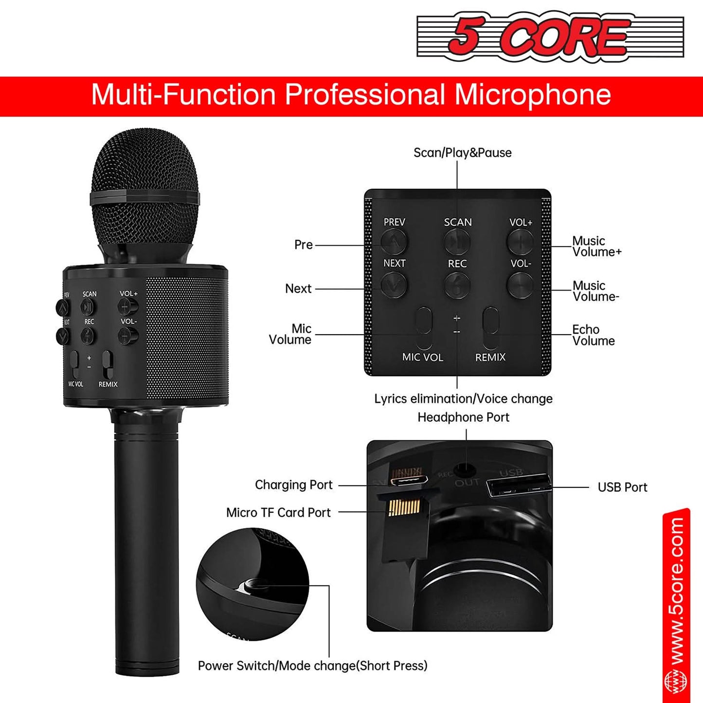 5Core Wireless Karaoke Microphone Bluetooth Mic Portable Handheld Microfonos Inalambricos BLACK-3