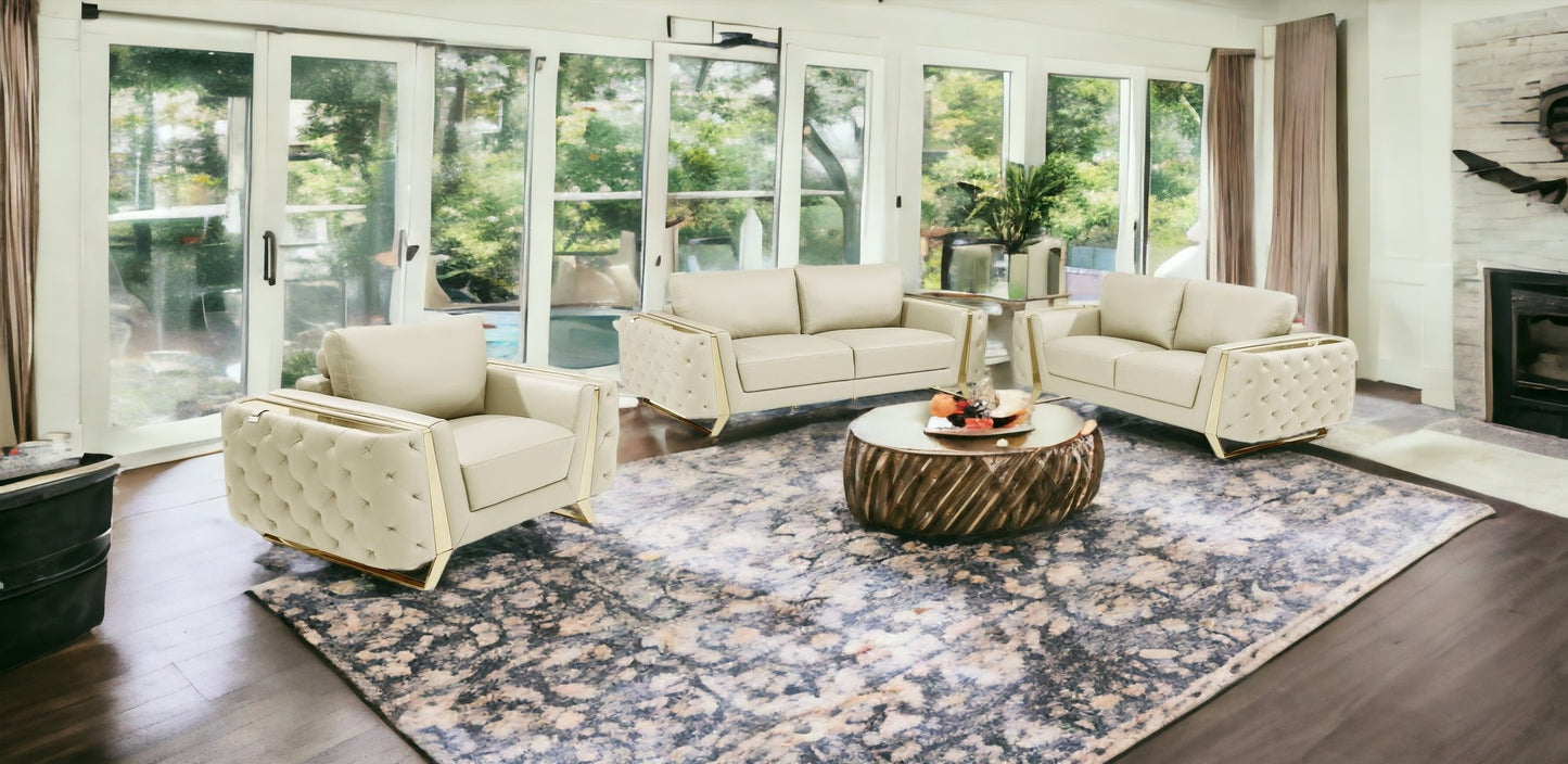 Three Piece Indoor Beige Italian Leather Six Person Seating Set-1