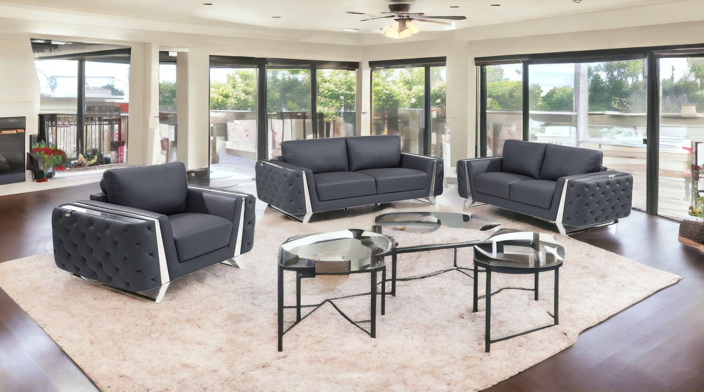 Three Piece Indoor Dark Gray Italian Leather Six Person Seating Set-1