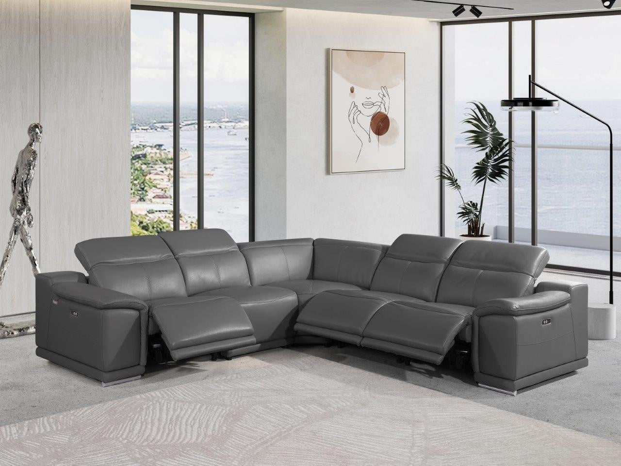 Gray Italian Leather Power Reclining U Shaped Five Piece Corner Sectional With Console-4