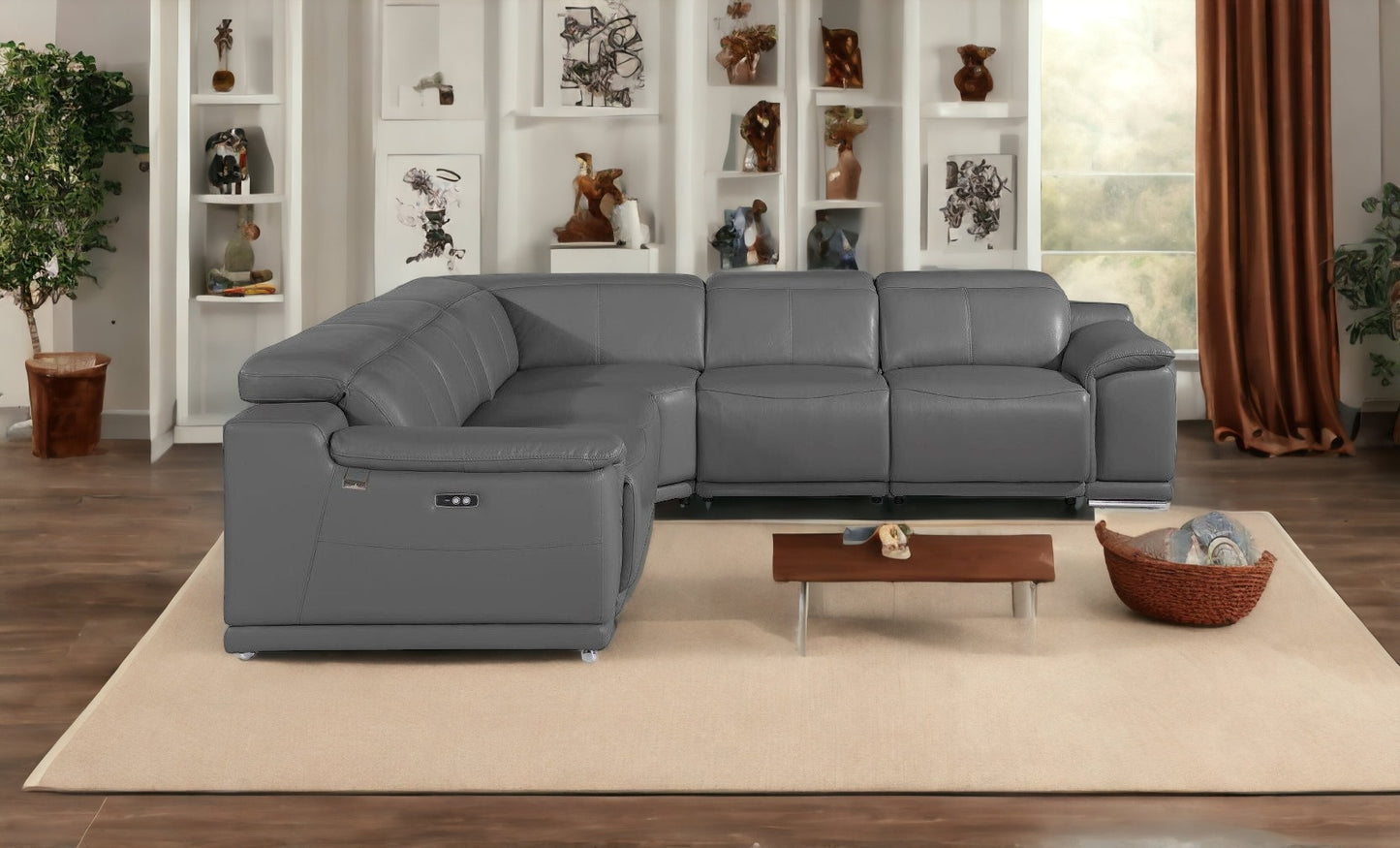 Gray Italian Leather Power Reclining U Shaped Five Piece Corner Sectional With Console-6