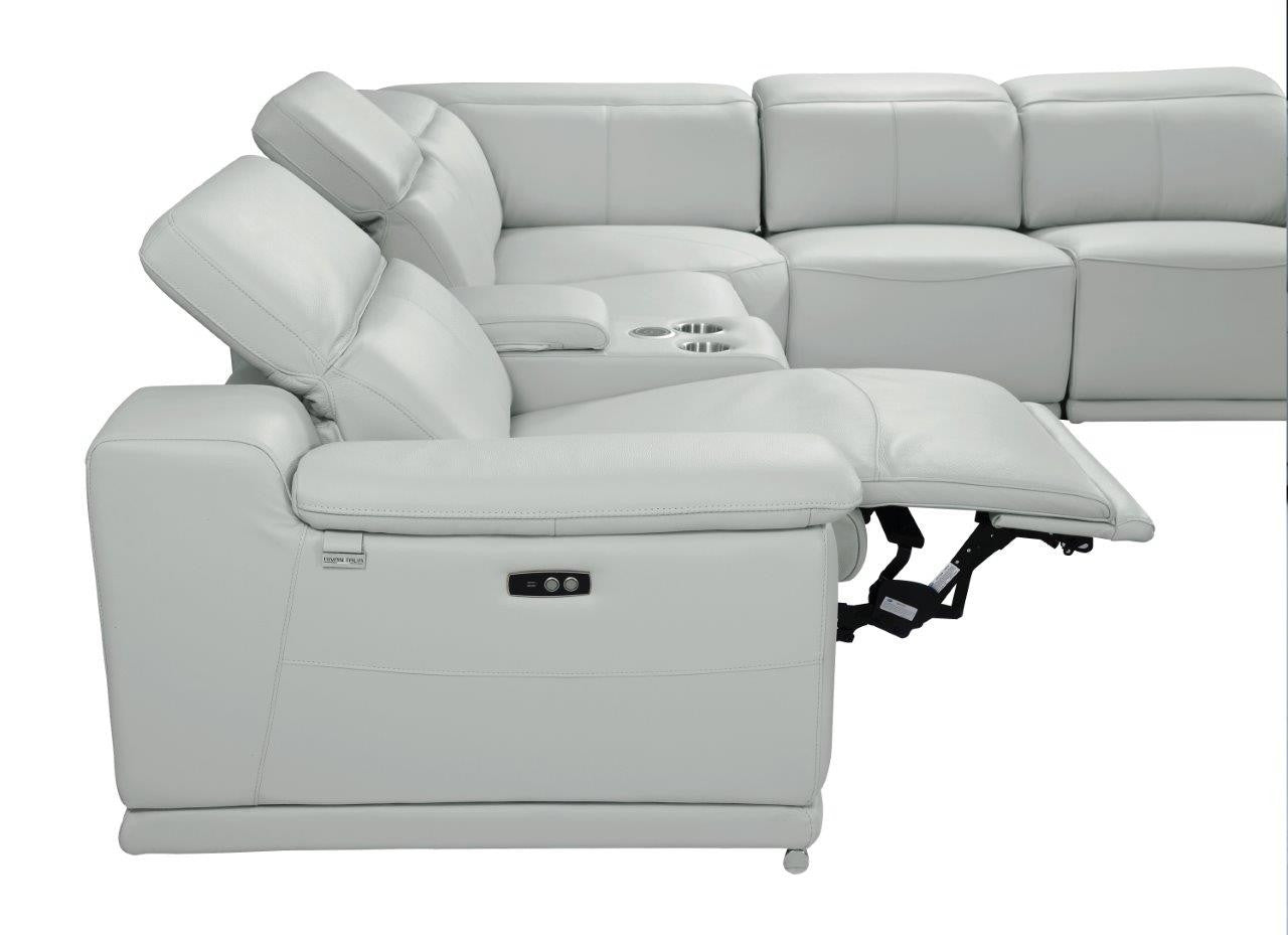 Light Gray Italian Leather Power Reclining U Shaped Five Piece Corner Sectional With Console-3