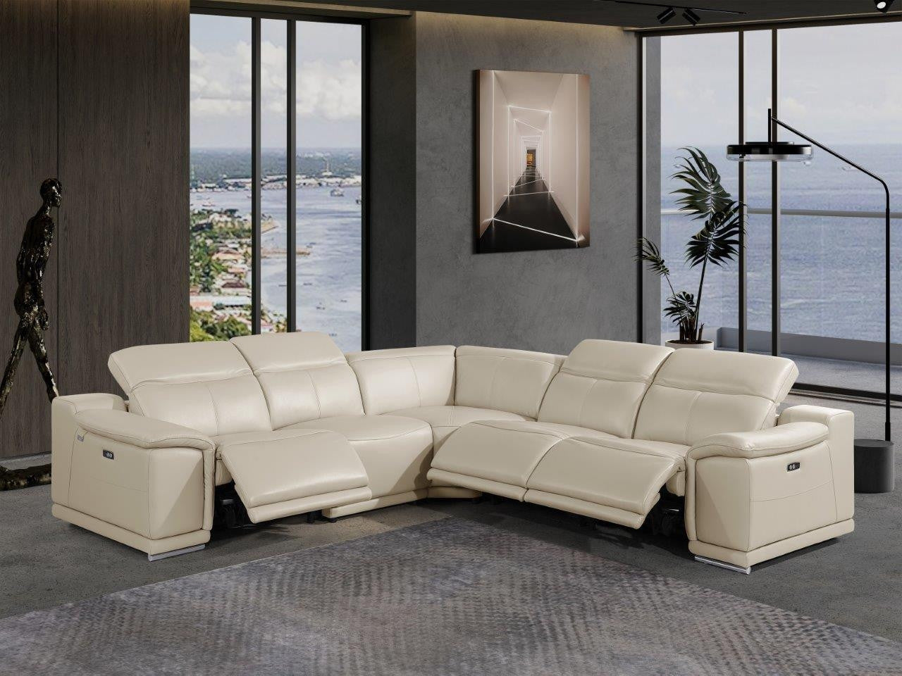 Beige Italian Leather Power Reclining U Shaped Five Piece Corner Sectional With Console-4