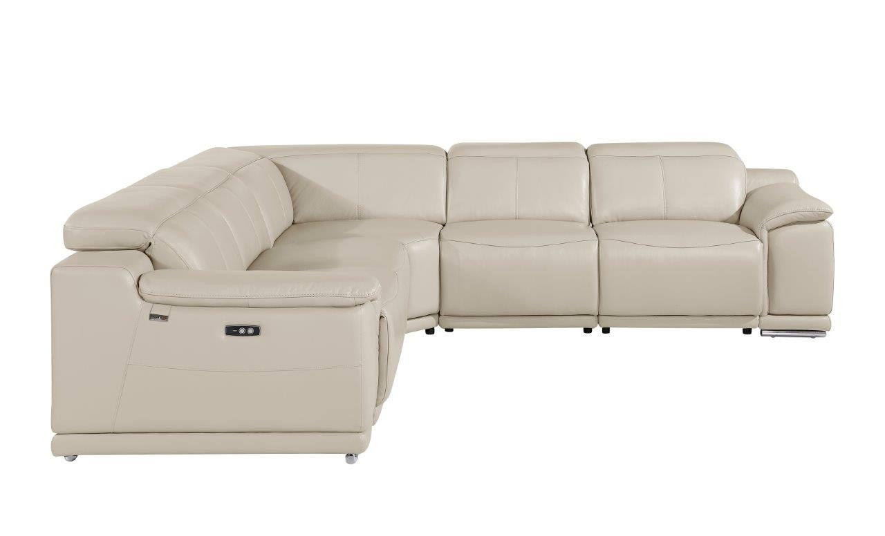 Beige Italian Leather Power Reclining U Shaped Five Piece Corner Sectional With Console-0