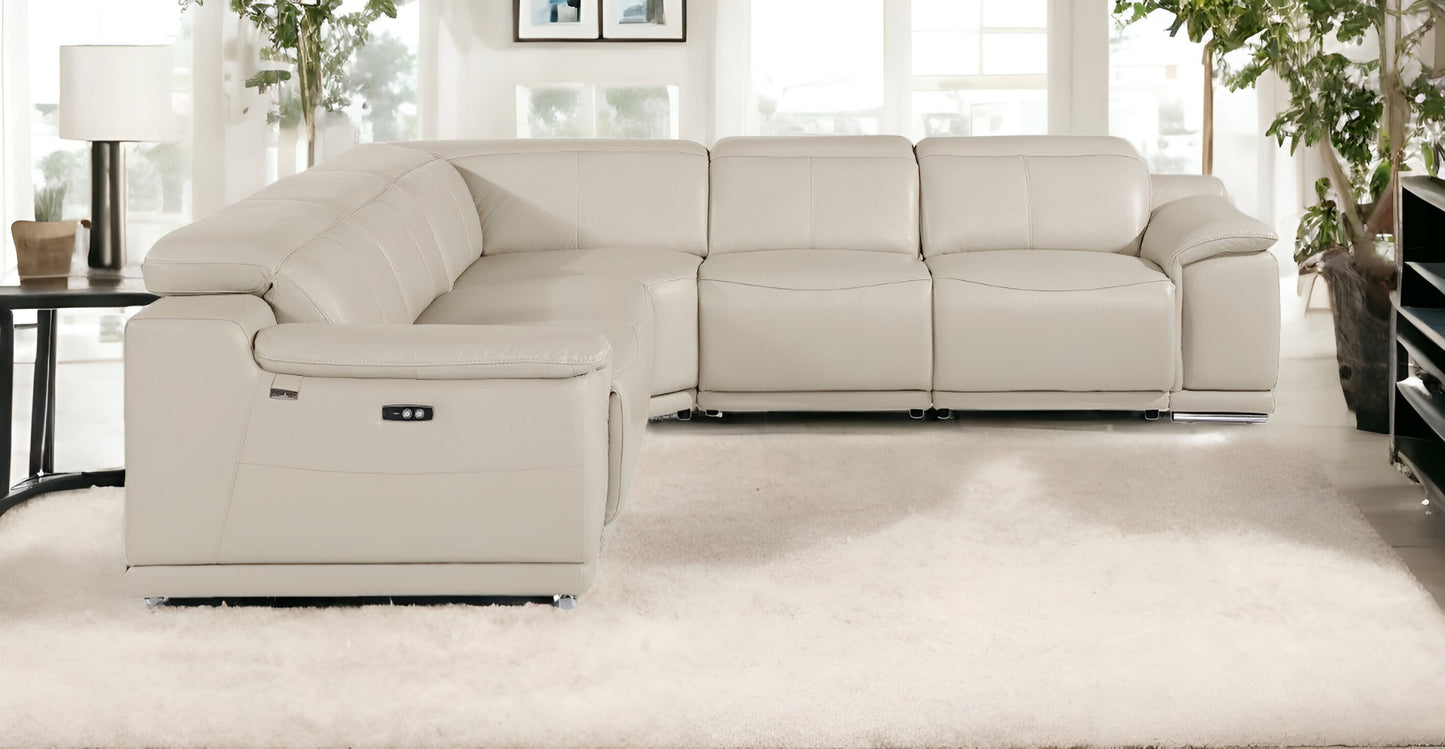 Beige Italian Leather Power Reclining U Shaped Five Piece Corner Sectional With Console-1