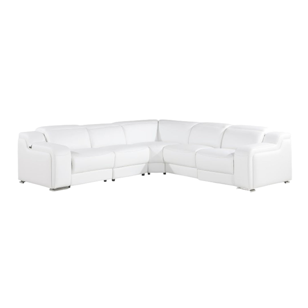 White Italian Leather Power Reclining L Shaped Five Piece Corner Sectional-0