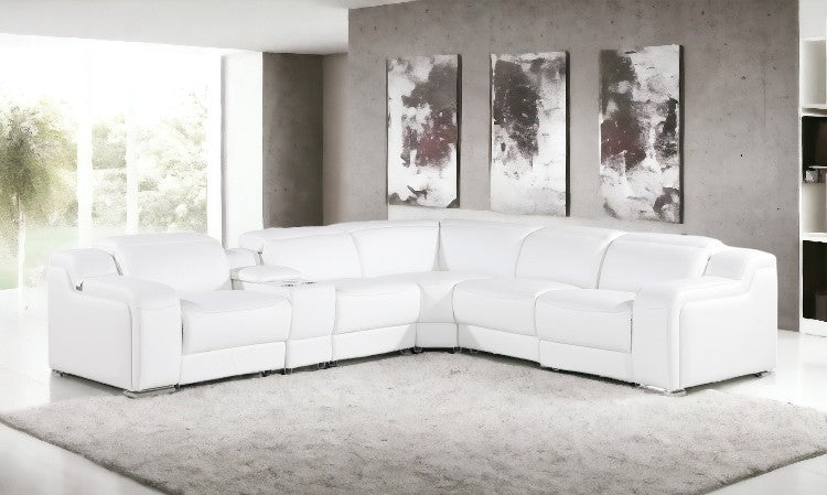 White Italian Leather Power Reclining L Shaped Six Piece Corner Sectional With Console-1