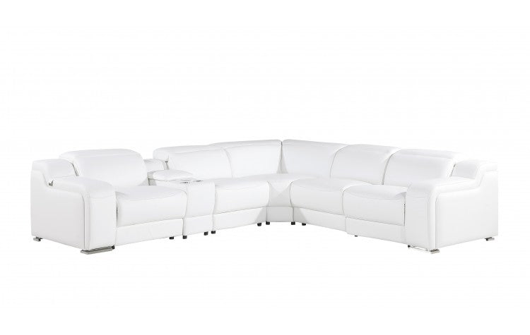 White Italian Leather Power Reclining L Shaped Six Piece Corner Sectional With Console-2