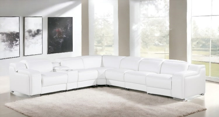 White Italian leather 3 power reclining seats L shaped Seven Piece Corner Sectional With Console-1