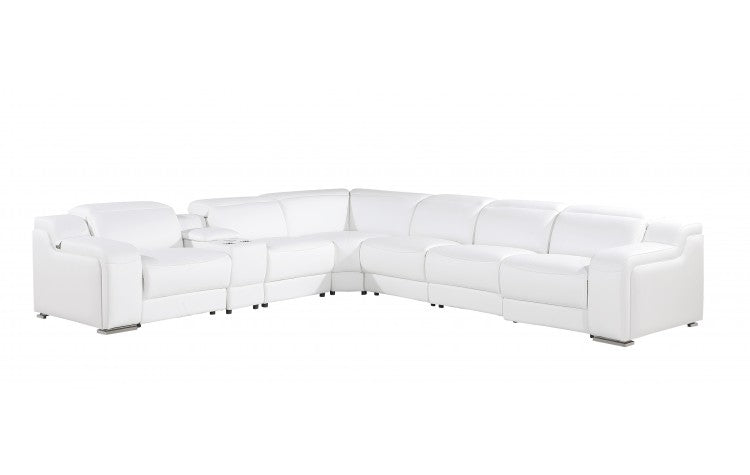 White Italian leather 4 power reclining seats L shaped Seven Piece Corner Sectional With Console-0