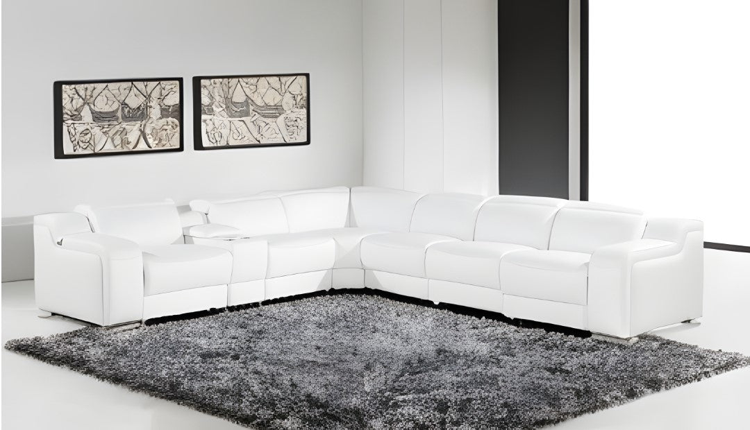 White Italian leather 4 power reclining seats L shaped Seven Piece Corner Sectional With Console-1