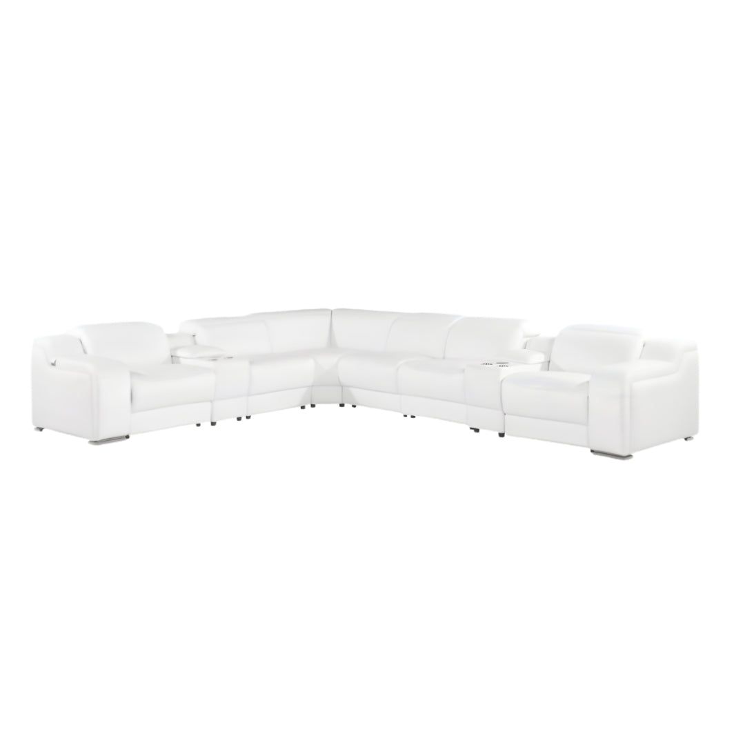White Italian Leather 3 Power Reclining L Shaped Eight Piece Corner Sectional With Console-0