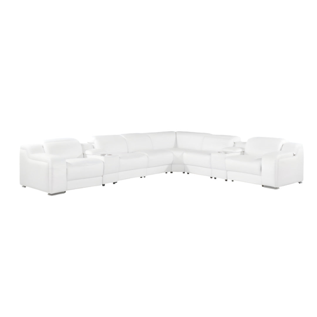 White Italian Leather 3 Power Reclining L Shaped Eight Piece Corner Sectional With Console-2
