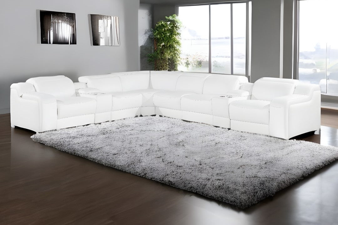 White Italian Leather 4 Power Reclining L Shaped Eight Piece Corner Sectional With Console-1