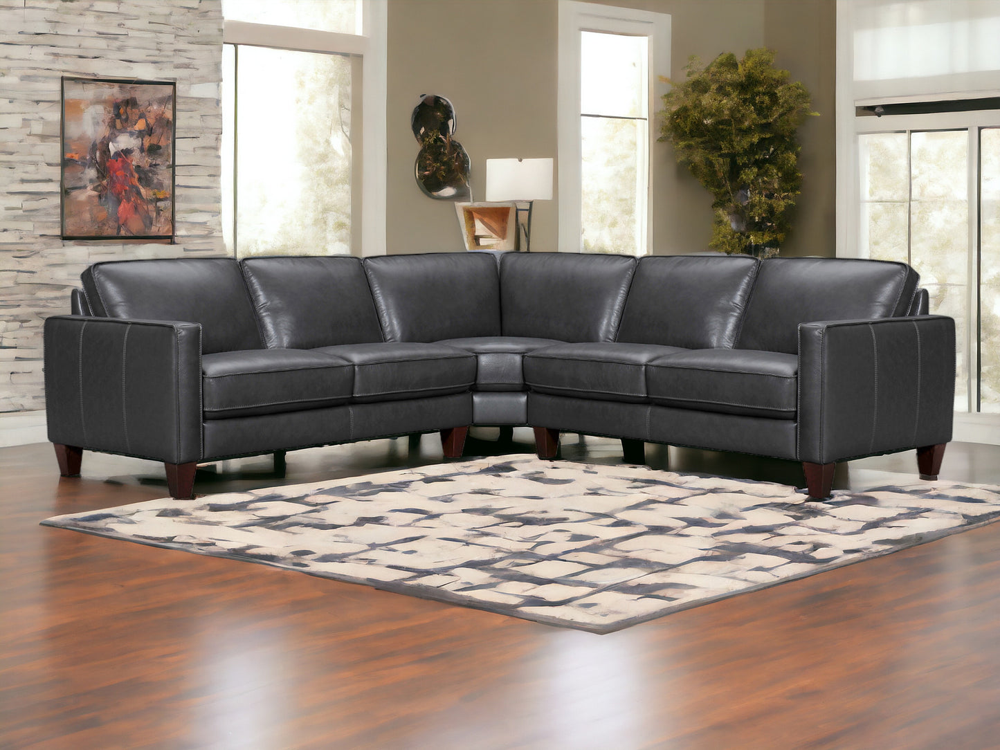 Black Leather L Shaped Three Piece Corner Sectional-1