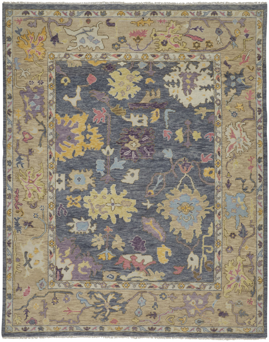 12' X 15' Gold Blue and Purple Wool Oriental Hand Knotted Area Rug With Fringe-1