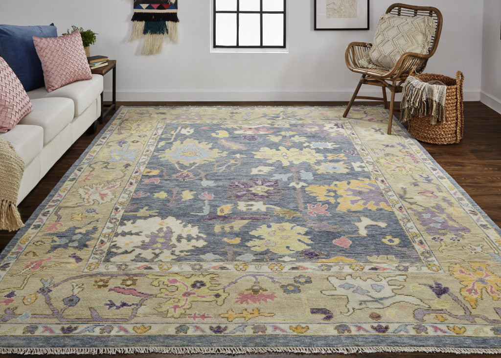 12' X 15' Gold Blue and Purple Wool Oriental Hand Knotted Area Rug With Fringe-8