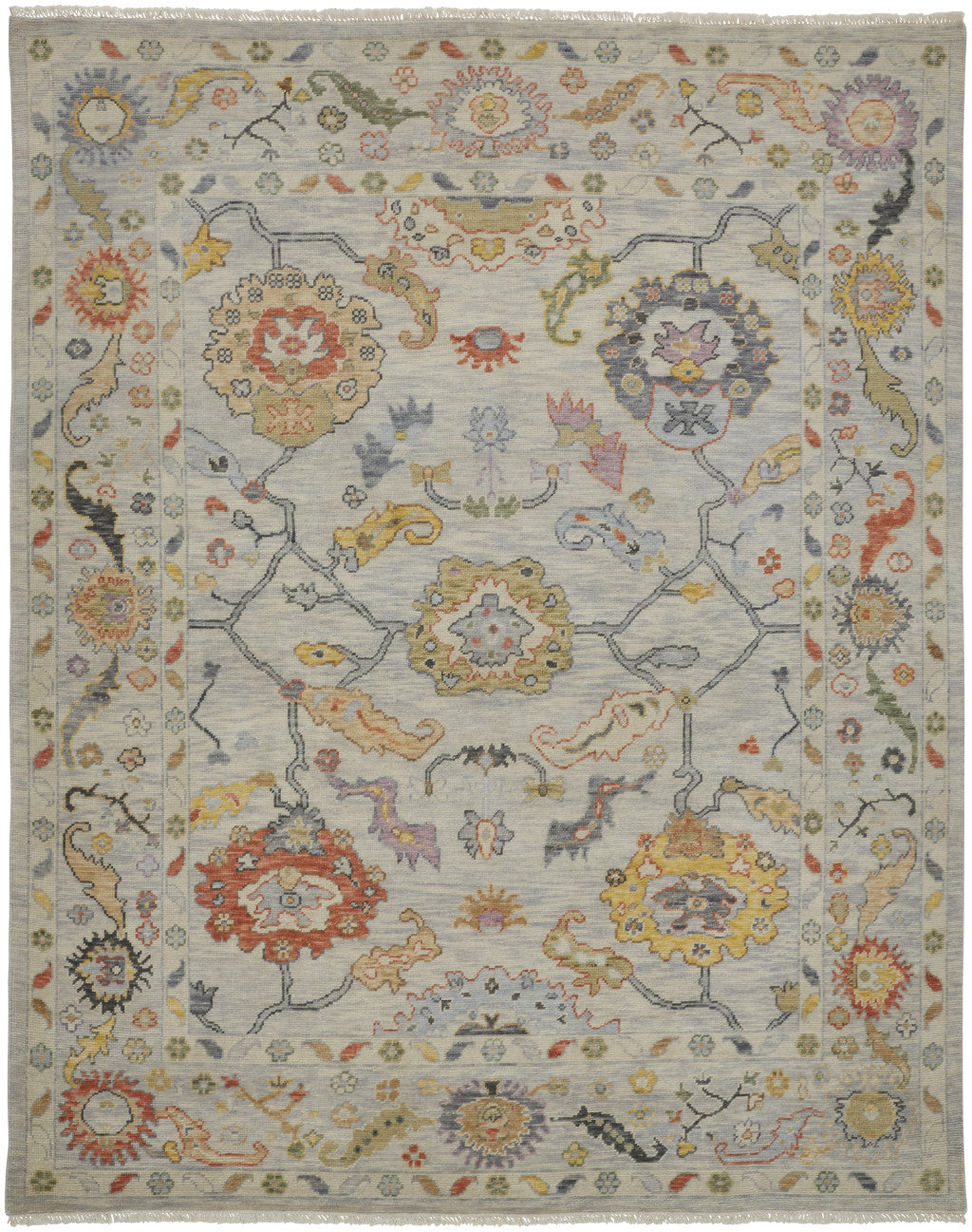 12' X 15' Gray Red and Yellow Wool Oriental Hand Knotted Area Rug With Fringe-1