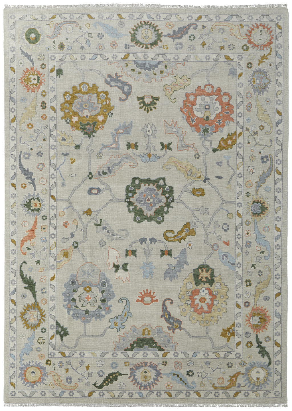 12' X 15' Gray Ivory and Gold Wool Floral Hand Knotted Area Rug With Fringe-3