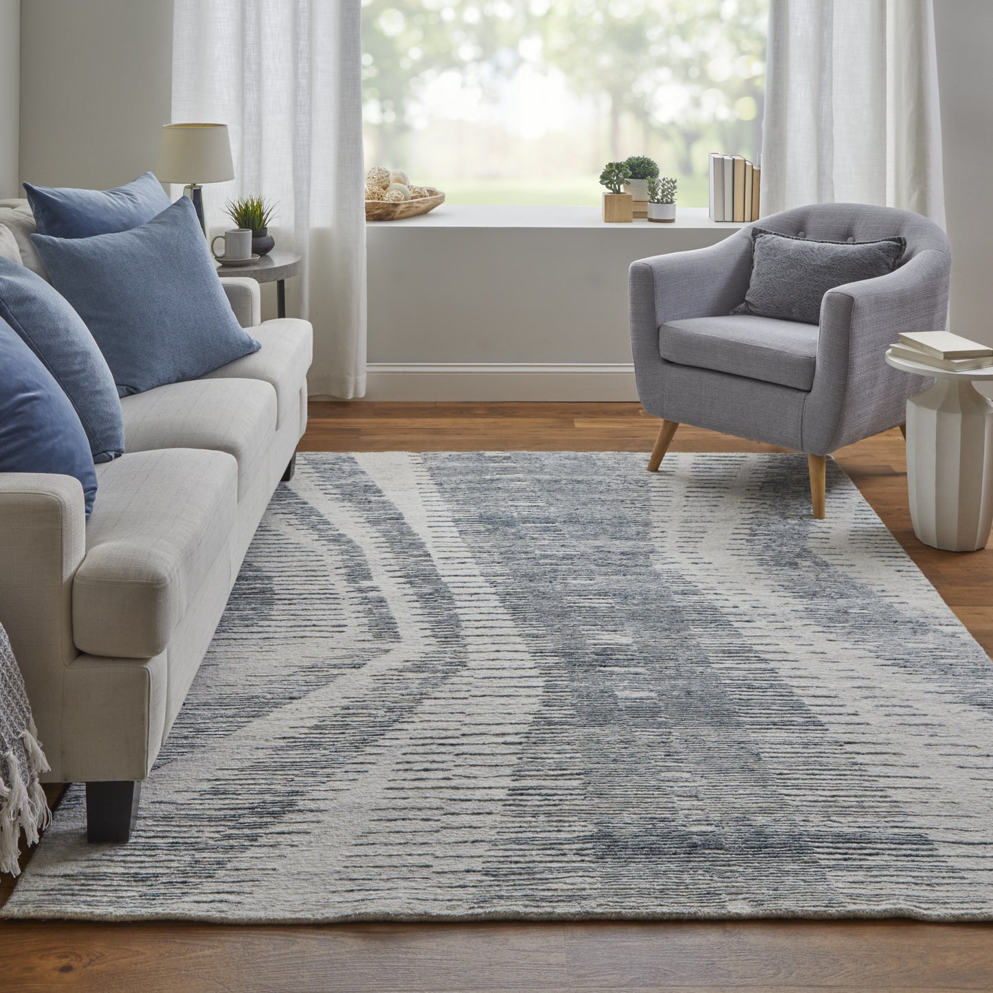 9' X 13' Ivory Gray and Blue Abstract Hand Knotted Worn Faded Area Rug-5