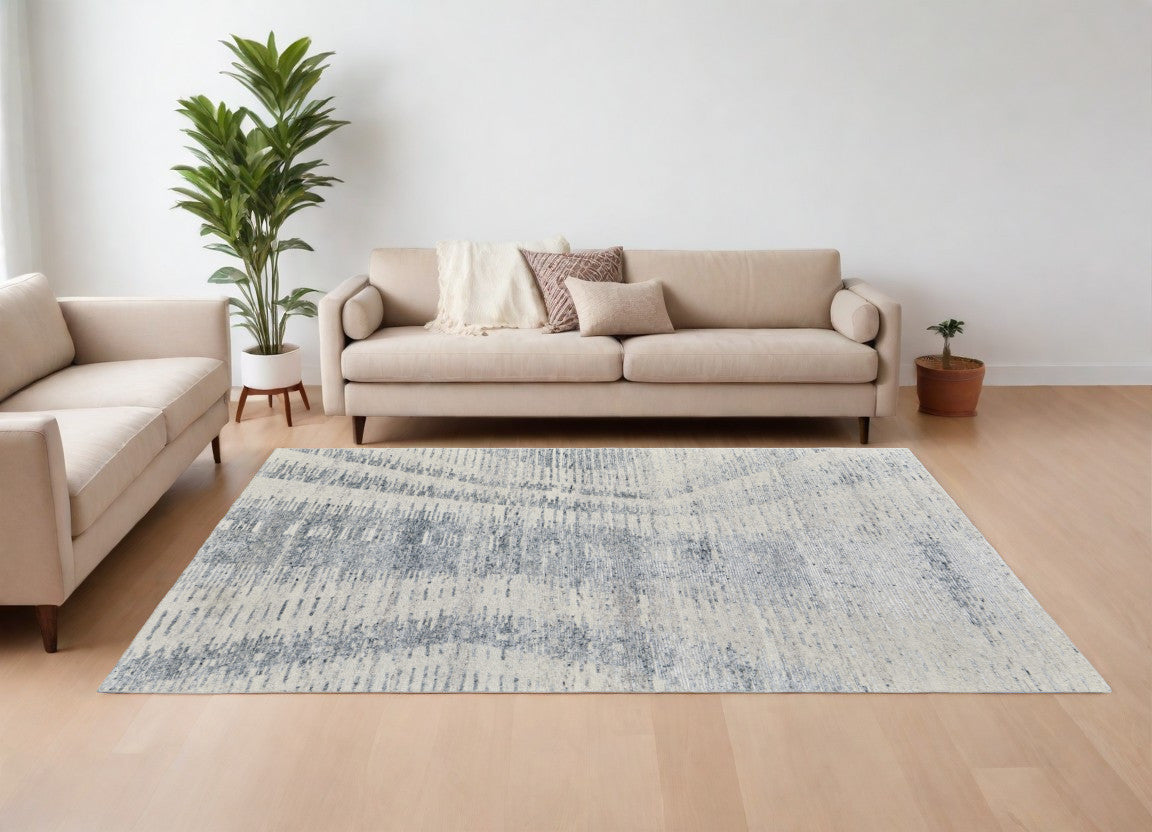 9' X 13' Ivory Gray and Blue Abstract Hand Knotted Worn Faded Area Rug-1