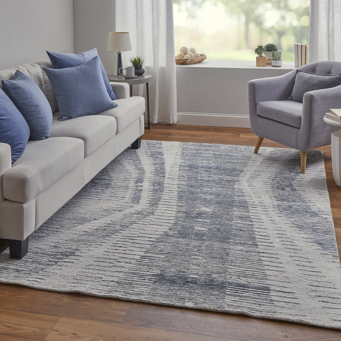 9' X 13' Ivory Gray and Blue Abstract Hand Knotted Worn Faded Area Rug-7
