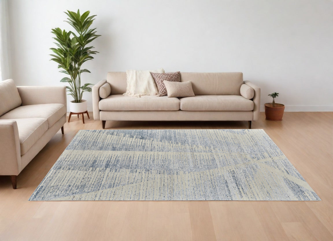 12' X 15' Ivory Blue And Silver Abstract Hand Knotted Distressed Area Rug-0