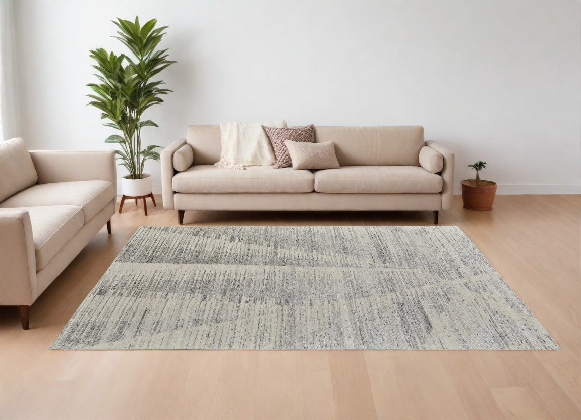 12' X 15' Ivory and Gray Abstract Hand Knotted Worn Faded Area Rug-0
