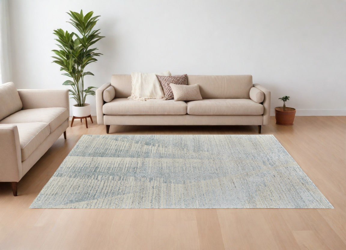 12' X 15' Blue Ivory And Silver Abstract Hand Knotted Distressed Area Rug-1