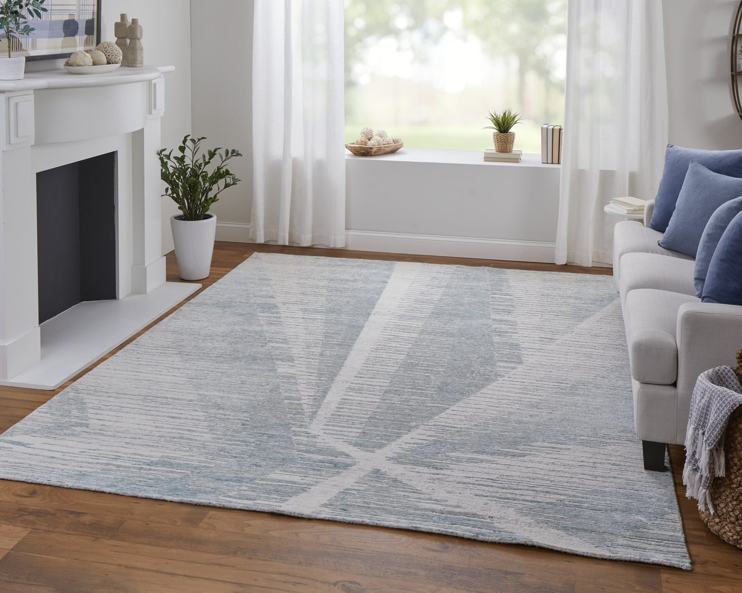 12' X 15' Blue Ivory And Silver Abstract Hand Knotted Distressed Area Rug-7