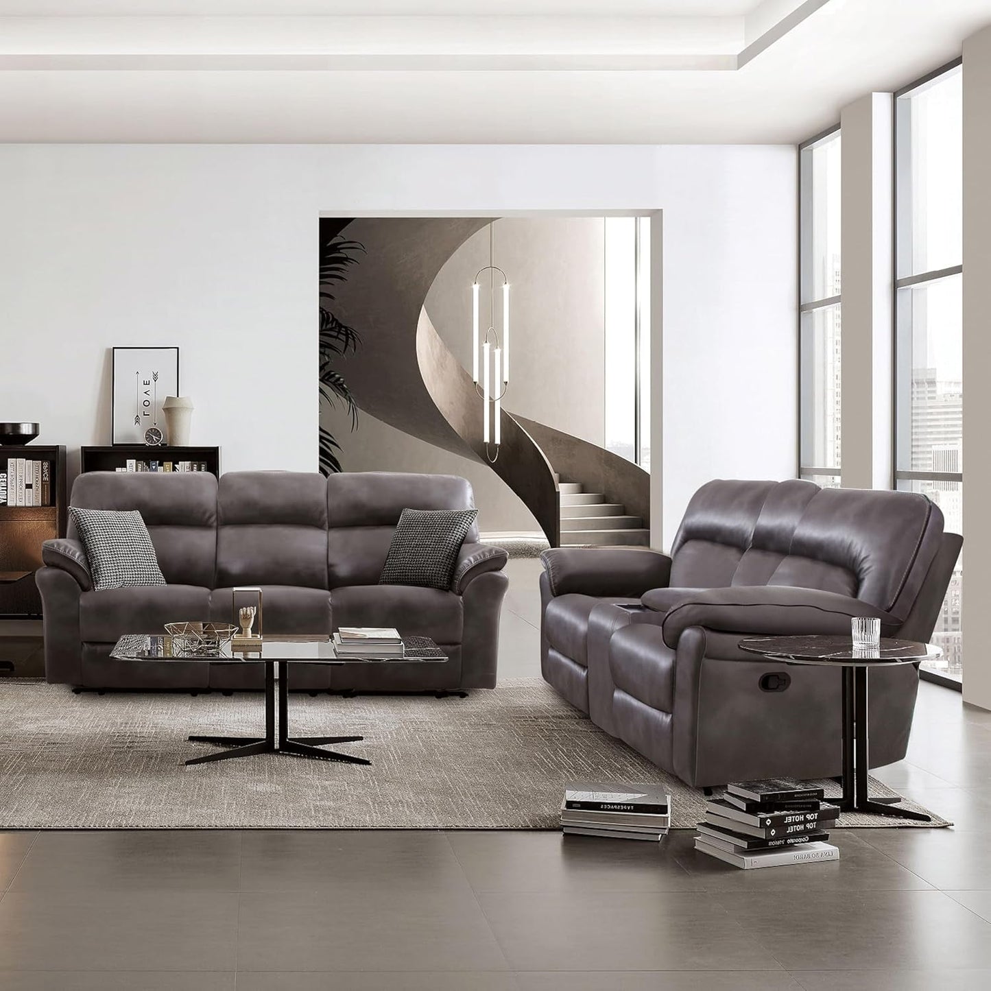Lerona Faux Leather 2-Piece Recliner Sofa Set with Pillow Top Arms, Loveseat Console and Cupholders & Wireless Charging for Living Room, Bedroom, Office, Dark Gray-1