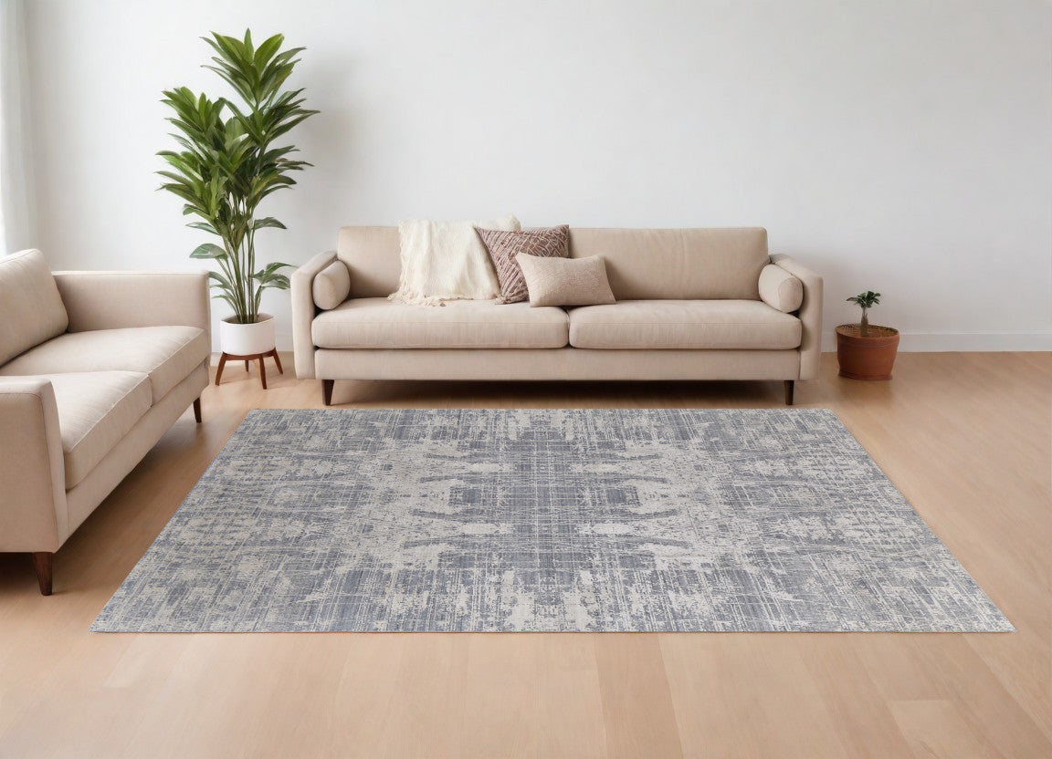 12' X 15' Gray and Silver Abstract Hand Woven Worn Faded Area Rug-0
