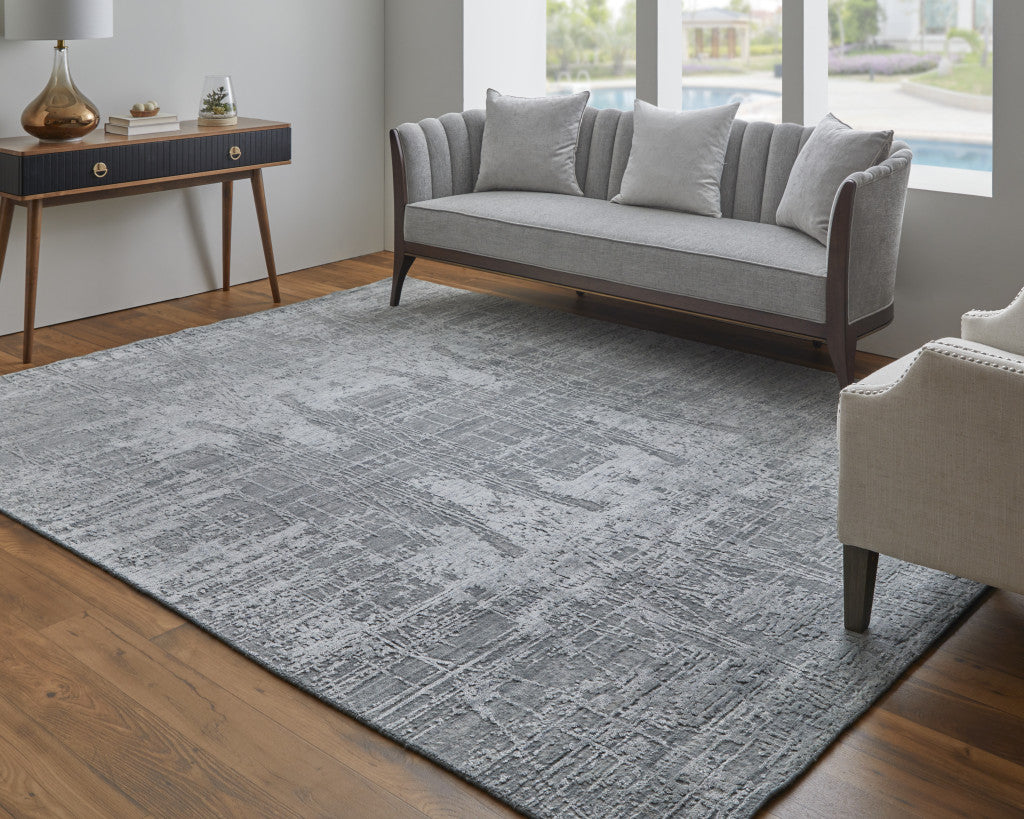 12' X 15' Gray and Silver Abstract Hand Woven Worn Faded Area Rug-8