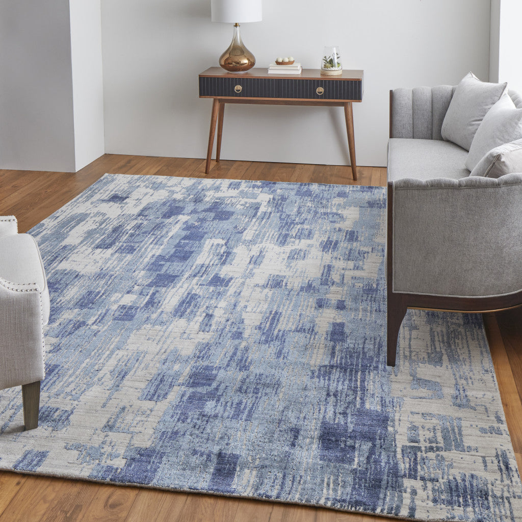 12' X 15' Blue and Ivory Abstract Hand Woven Worn Faded Area Rug-8