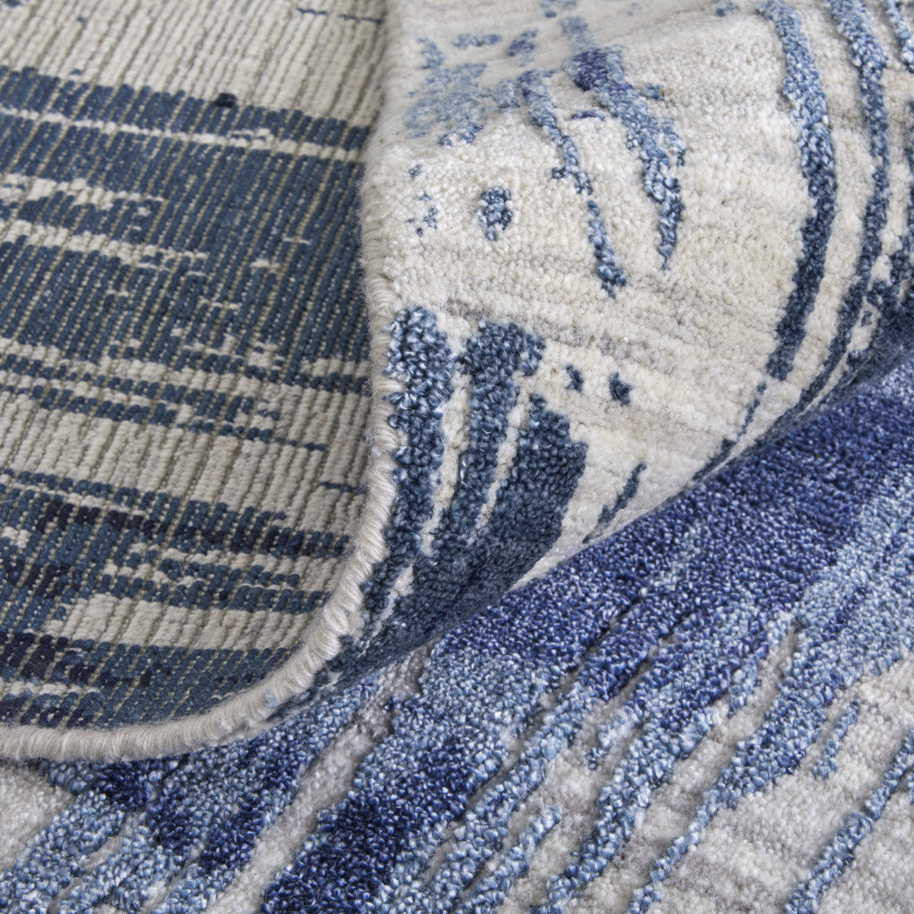 12' X 15' Blue and Ivory Abstract Hand Woven Worn Faded Area Rug-6
