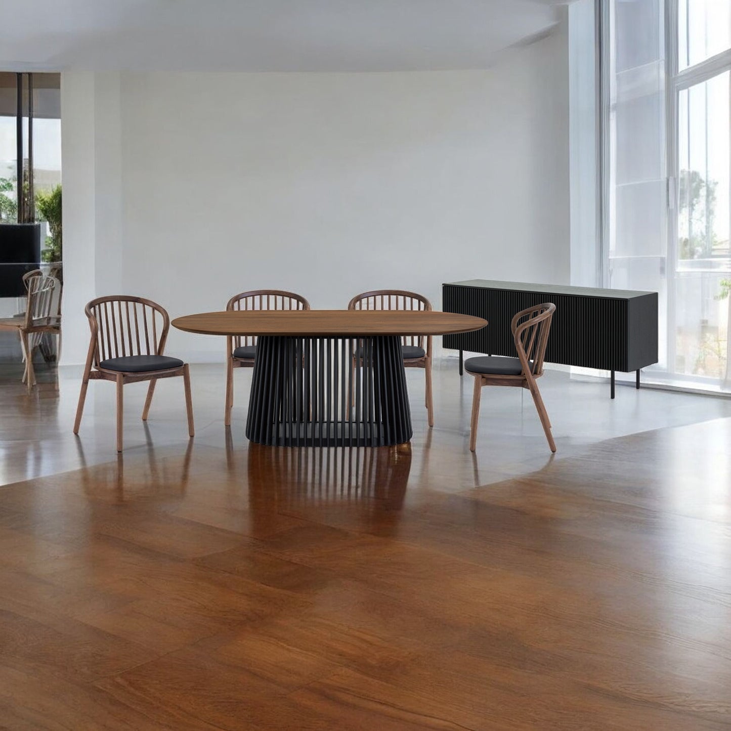 Six Piece Brown and Black Oval Dining Set with Four Chairs and Sideboard-1