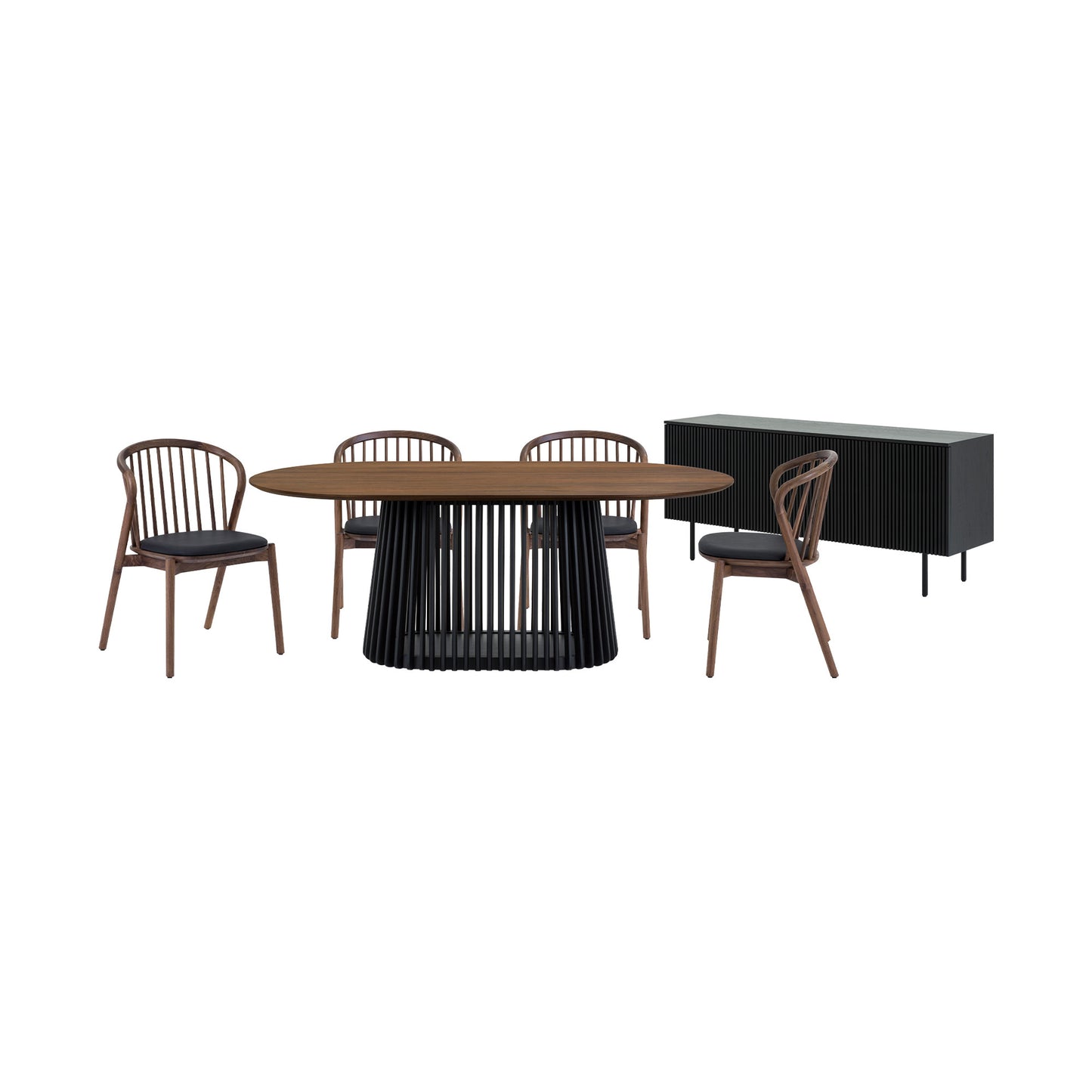 Six Piece Brown and Black Oval Dining Set with Four Chairs and Sideboard-0