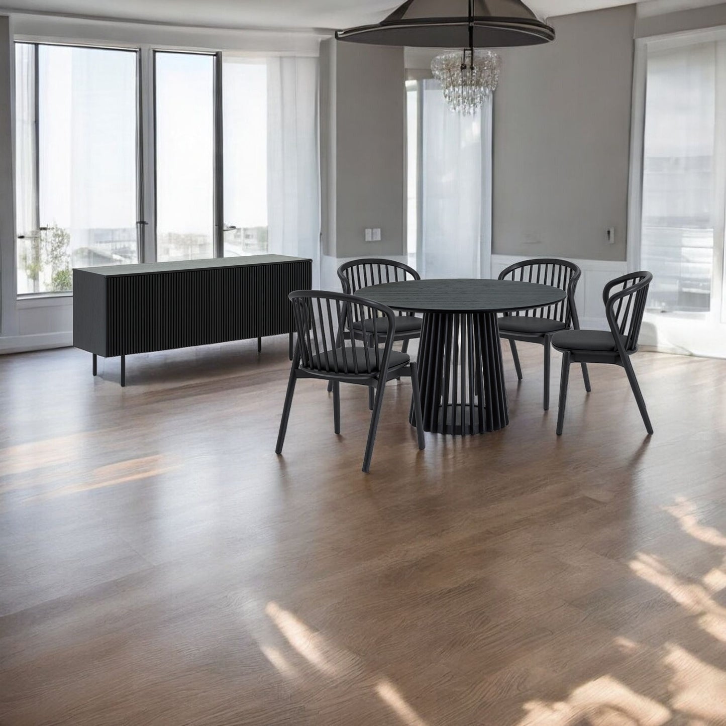 Six Piece Black Round Dining Set with Four Chairs and Sideboard-1